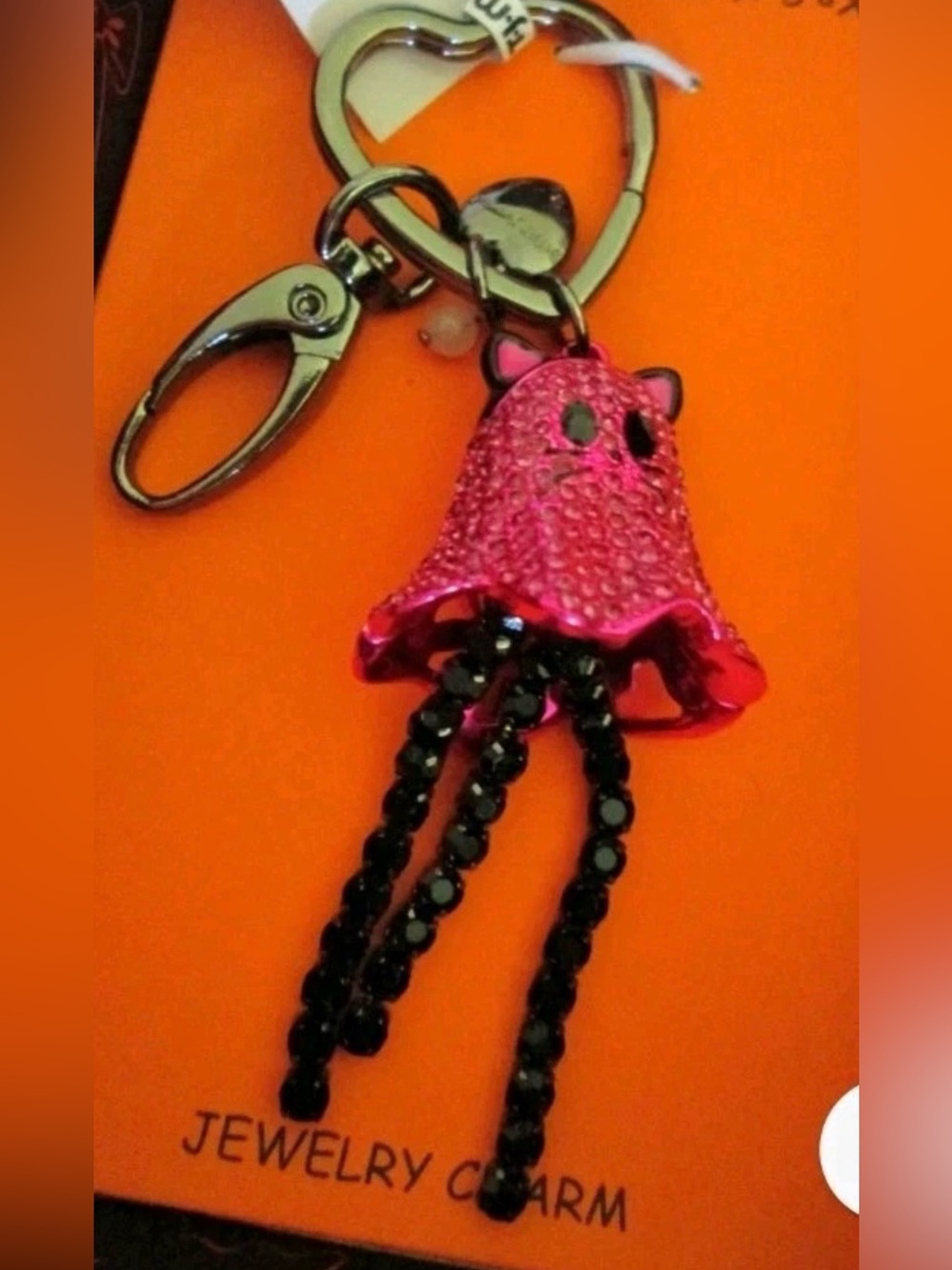 Betsey Johnson Pink Cat Ghost Rhinestone Charm Keychain NWT